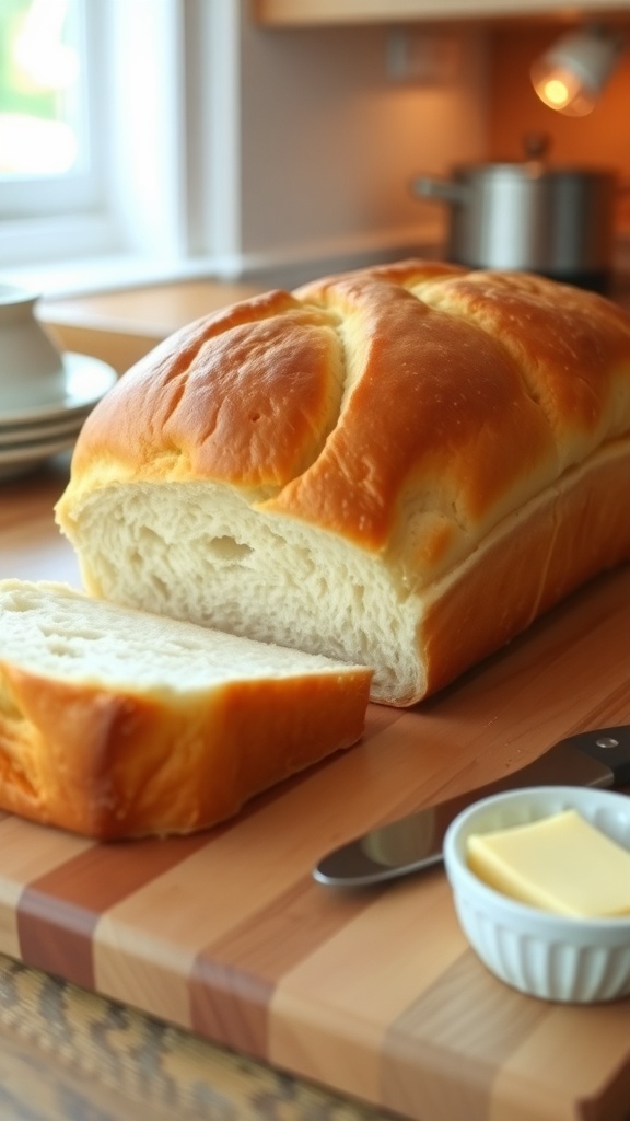 Sliced no yeast bread on a cutting board with butter and knife in a cozy kitchen.